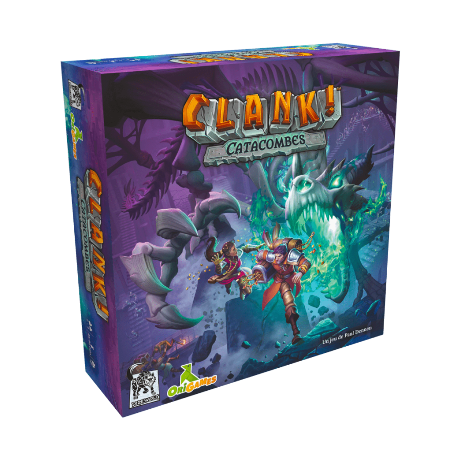 Boîte française de Clank! Catacombes, illustrée d’un dragon et d’aventuriers.