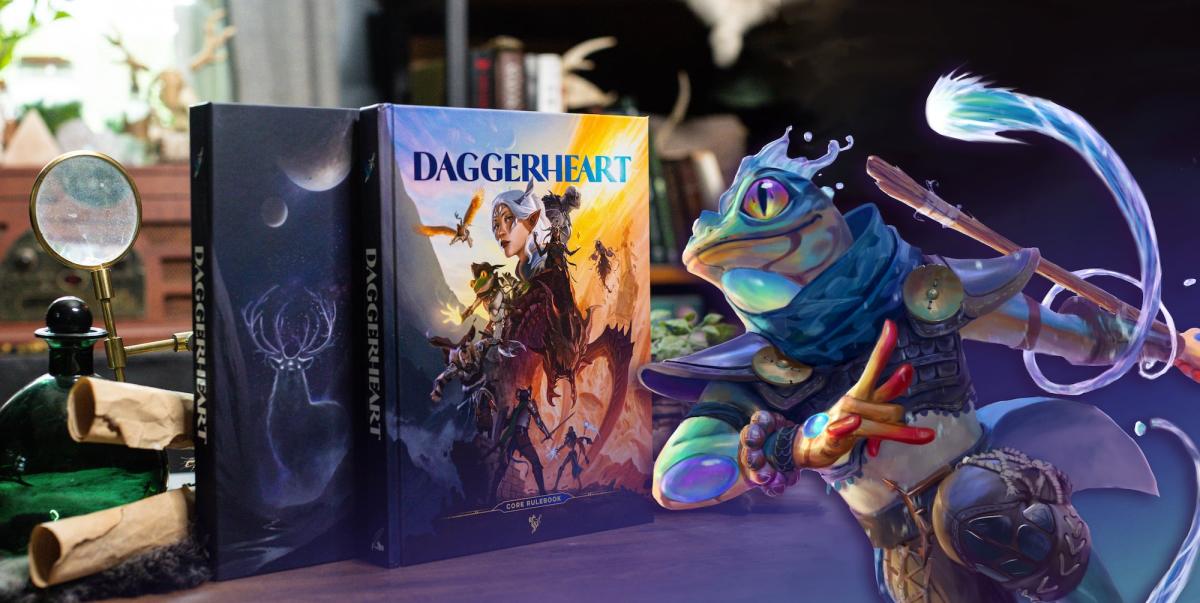 Livre de Daggerheart et illustration d’un aventurier amphibien, visuel de l’édition originale anglaise.