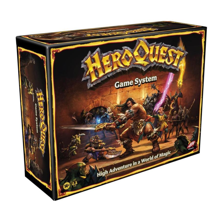 Boîte de HeroQuest, système de jeu illustré par un barbare affrontant les créatures d’un donjon.