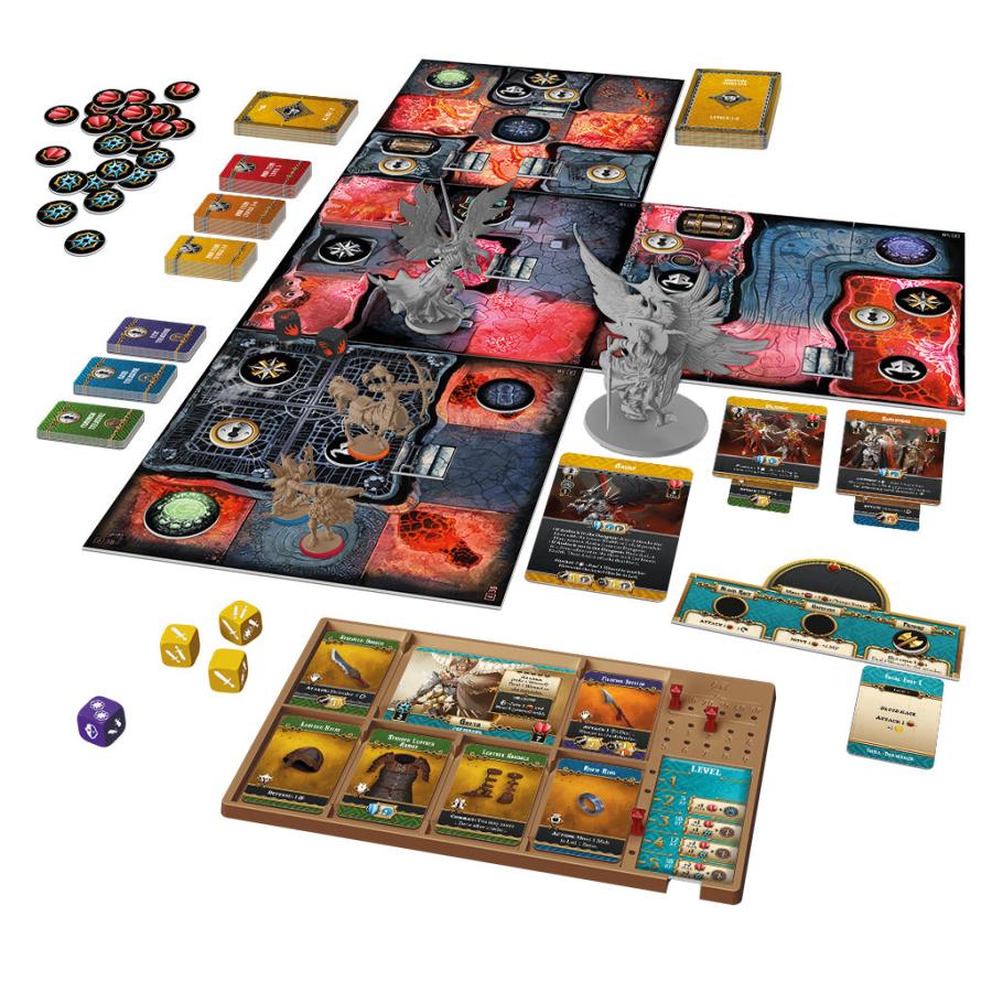 Matériel de Massive Darkness 2 : Hellscape, avec tuiles de donjon, figurines, cartes et plateaux de classe.