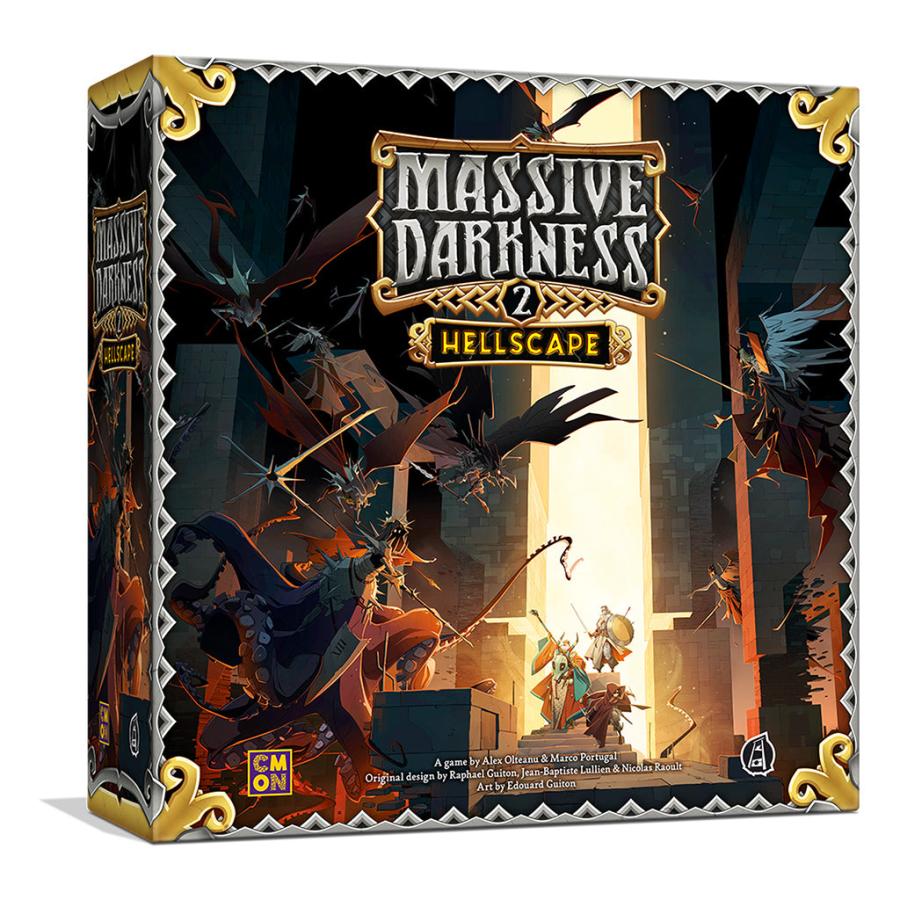 Boîte de Massive Darkness 2 : Hellscape, avec des héros face aux créatures des ténèbres.