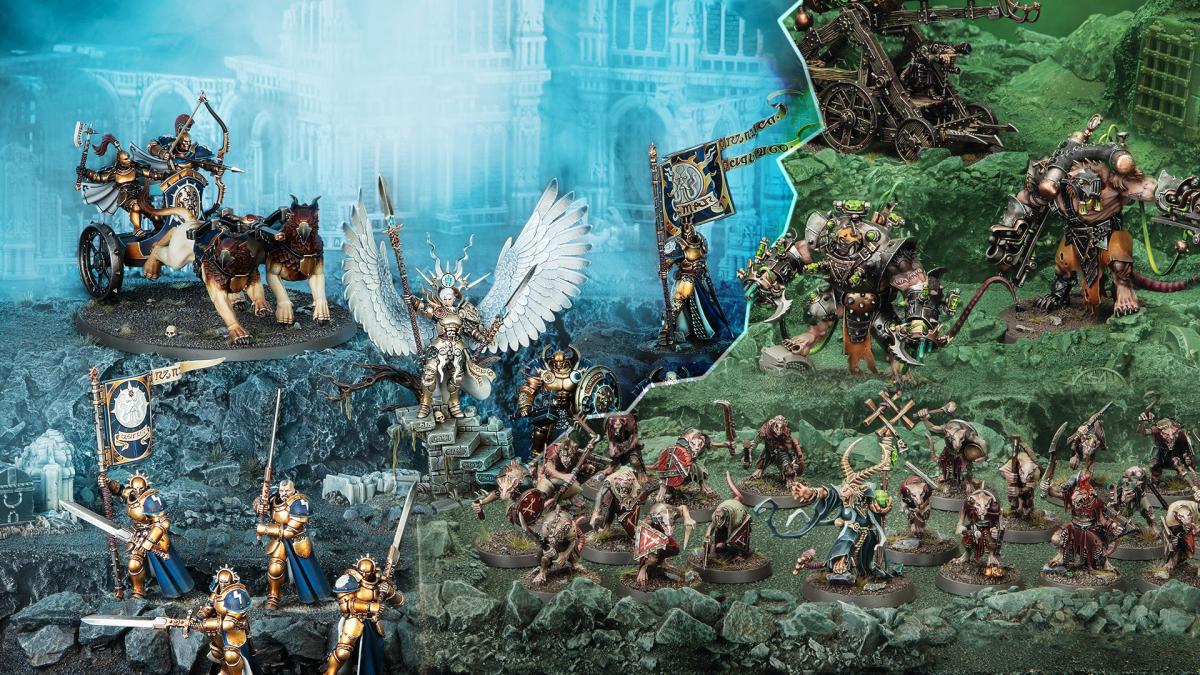 Figurines et champ de bataille de Warhammer Age of Sigmar : Spearhead.