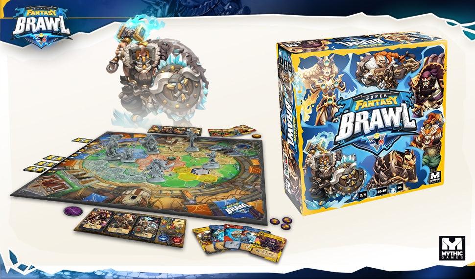 Super Fantasy Brawl : boîte, arène, cartes et figurines des champions.